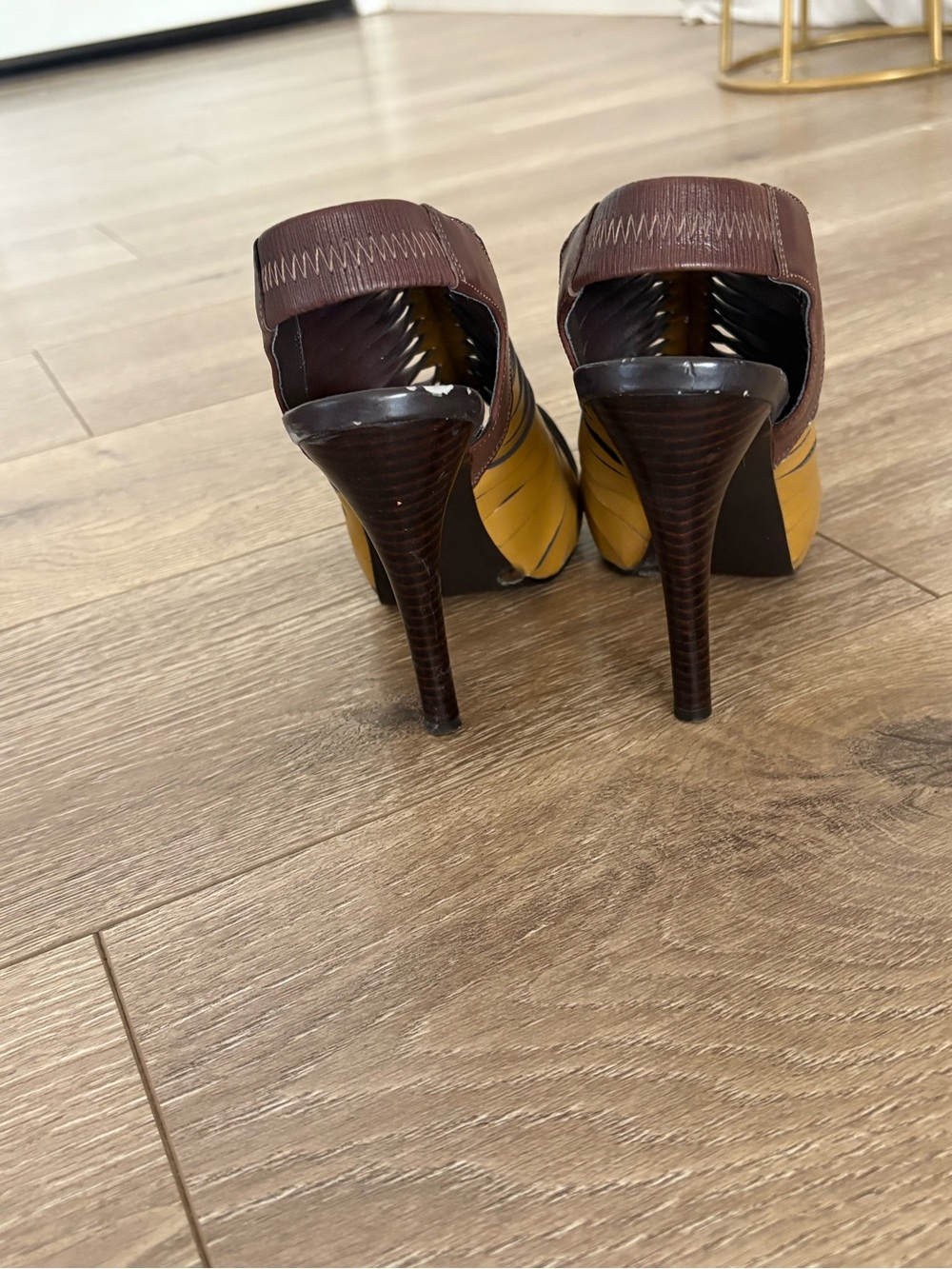 BCBGeneration Mustard Yellow and Brown Cutout Peep-Toe Slingback Heels - Picture 7 of 12